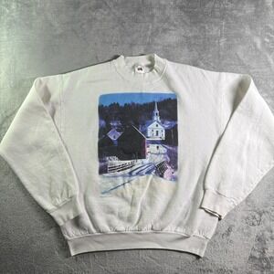 Fruit of the Loom Sweatshirt Mens L White Vintage 90s Winter Church Graphic USA